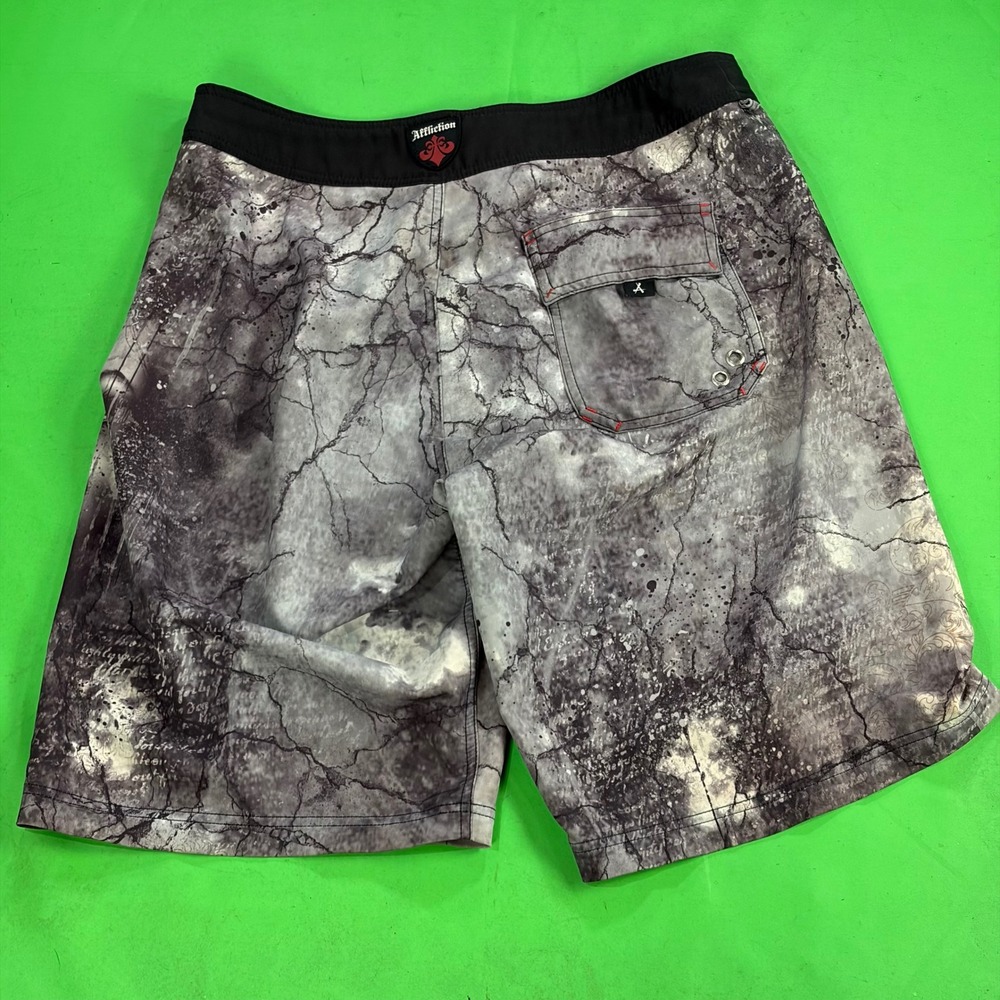 Affliction Board Shorts Mens 33 Gray Gothic Cross Rosary Skull MMA Swim Trunks